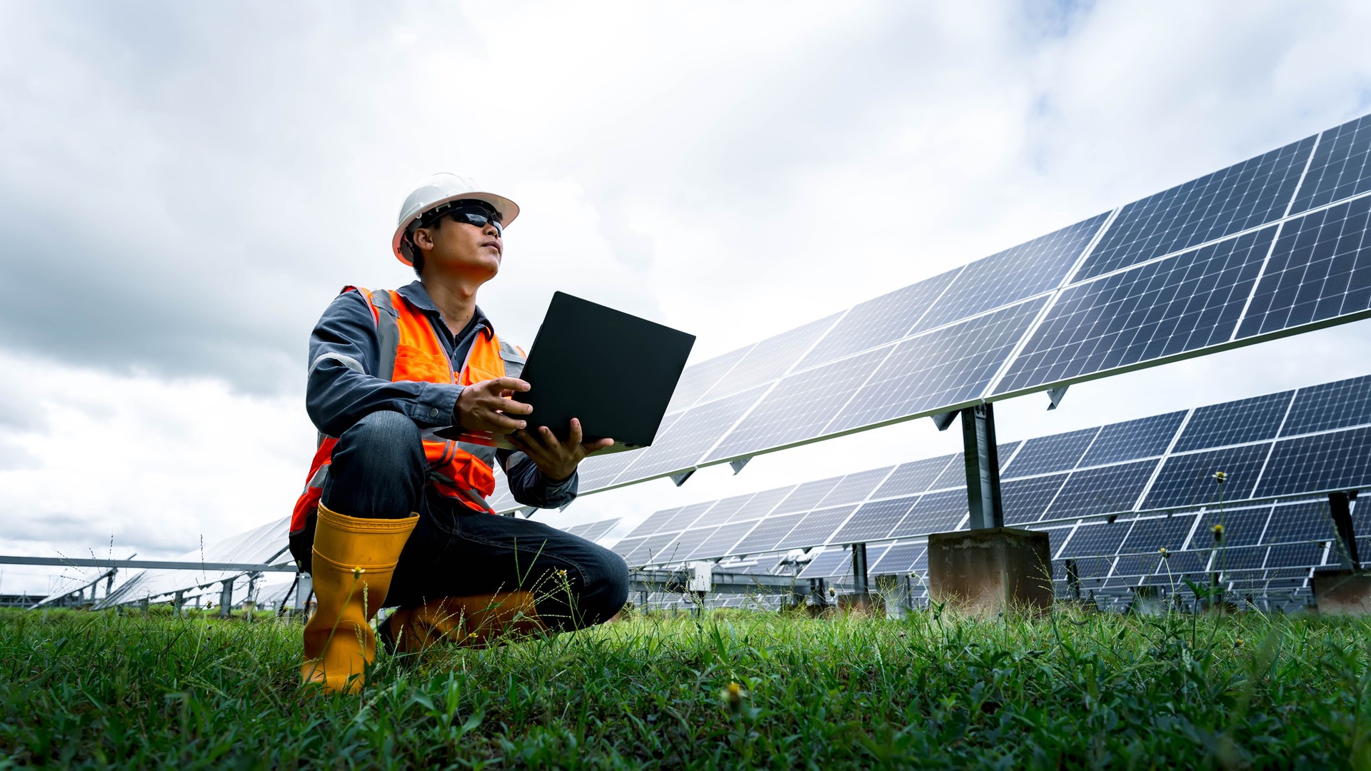 The solar farm(solar panel) with engineers check the operation of the system, Alternative energy to conserve the world's energy, Photovoltaic module idea for clean energy production